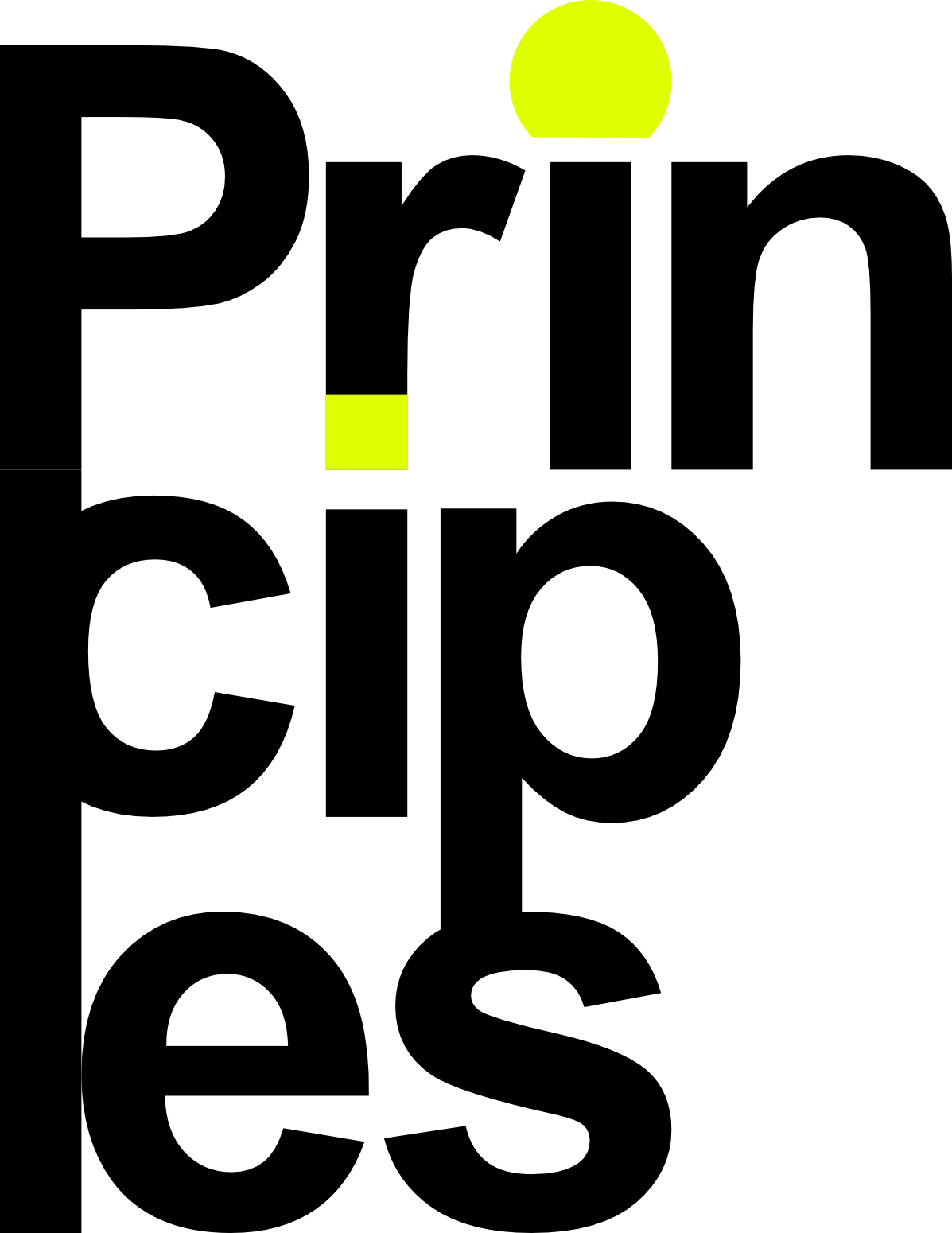 A black and yellow text graphic saying "Principles"